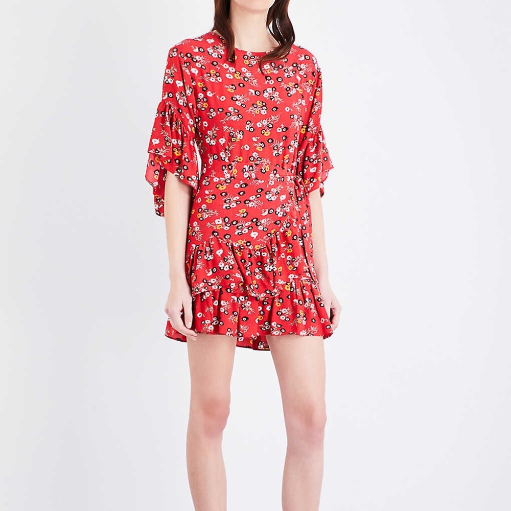 Maje Orange Ruffled Floral-print Crepe Mini Dress